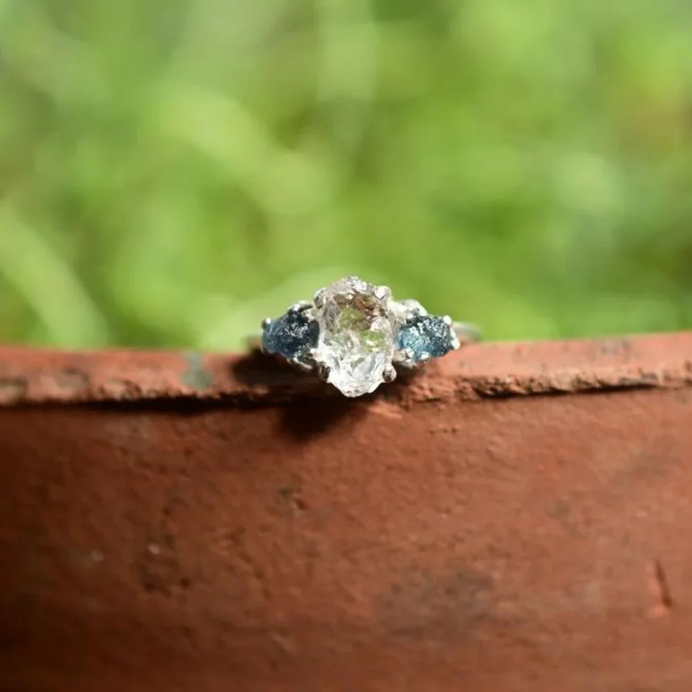 Raw Sapphire and lake county diamond ring silver